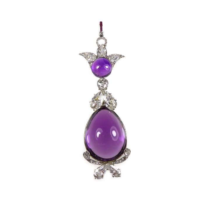Cabochon amthyst and diamond pendant, hung with a principal drop shaped amethyst